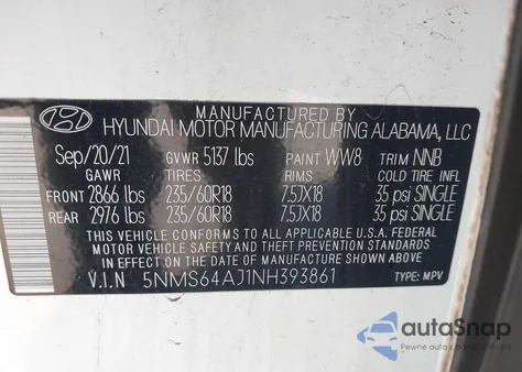 2022 Hyundai Santa Fe Sel z USA, uszkodzony, nr VIN 5NMS64AJ1NH393861
